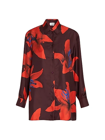 Flame Lily Silk Oversized Button-Front Shirt