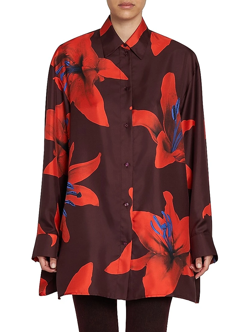 Flame Lily Silk Oversized Button-Front Shirt