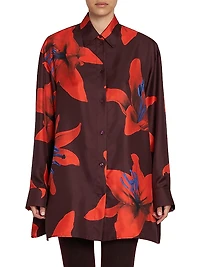 Flame Lily Silk Oversized Button-Front Shirt