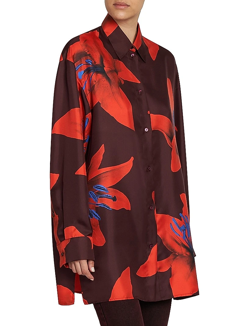 Flame Lily Silk Oversized Button-Front Shirt