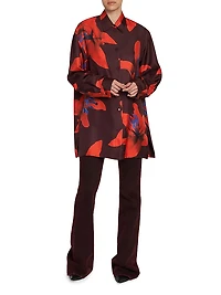 Flame Lily Silk Oversized Button-Front Shirt