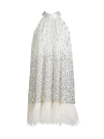 Erna Sequined Feather-Trim Halterneck Minidress