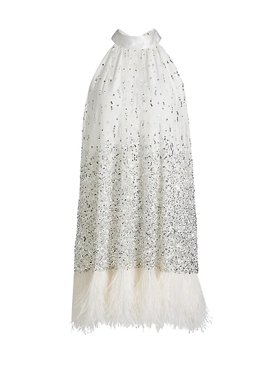 Erna Sequined Feather-Trim Halterneck Minidress