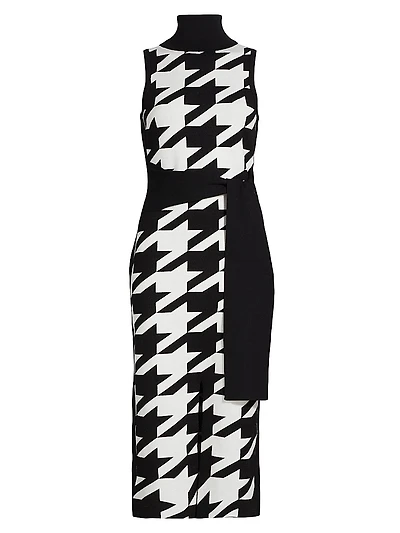 Peggy Houndstooth Turtleneck Tie-Waist Midi-Dress