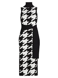 Peggy Houndstooth Turtleneck Tie-Waist Midi-Dress