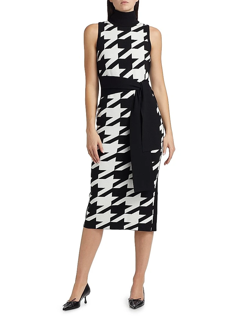 Peggy Houndstooth Turtleneck Tie-Waist Midi-Dress