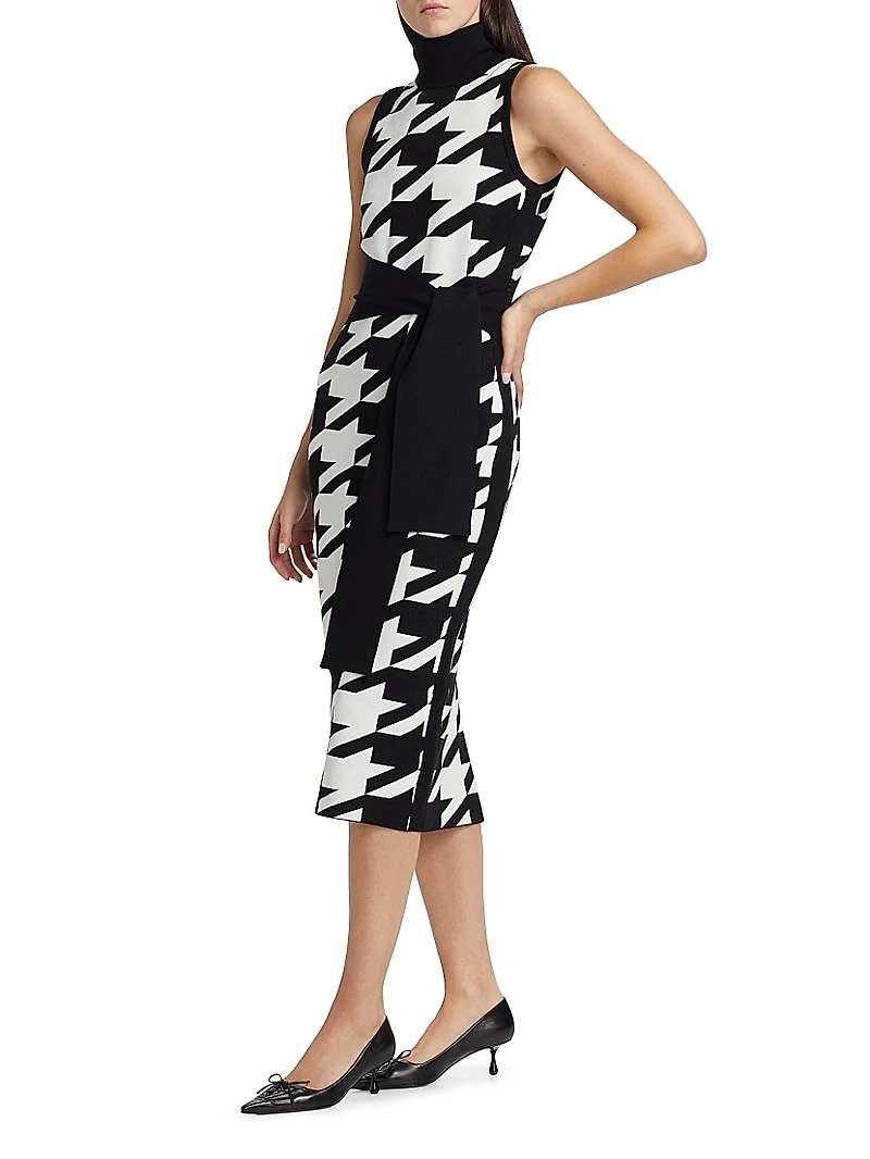 Peggy Houndstooth Turtleneck Tie-Waist Midi-Dress
