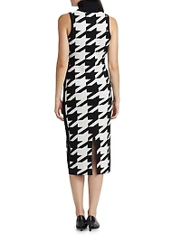 Peggy Houndstooth Turtleneck Tie-Waist Midi-Dress