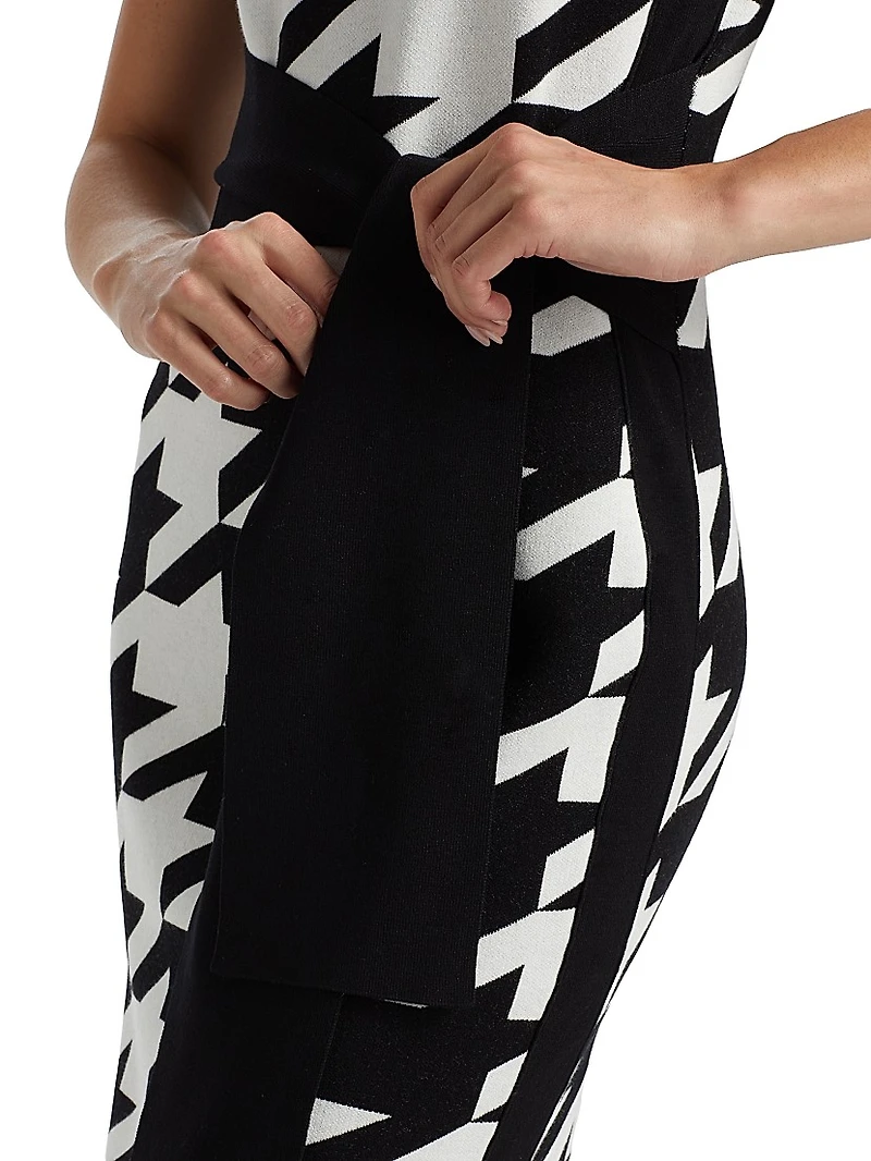 Peggy Houndstooth Turtleneck Tie-Waist Midi-Dress