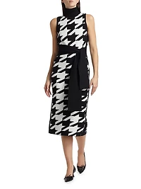 Peggy Houndstooth Turtleneck Tie-Waist Midi-Dress