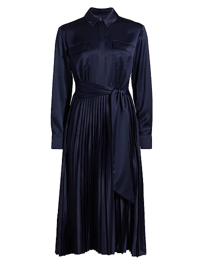 Jessie Satin Pleated Tie-Front Shirtdress