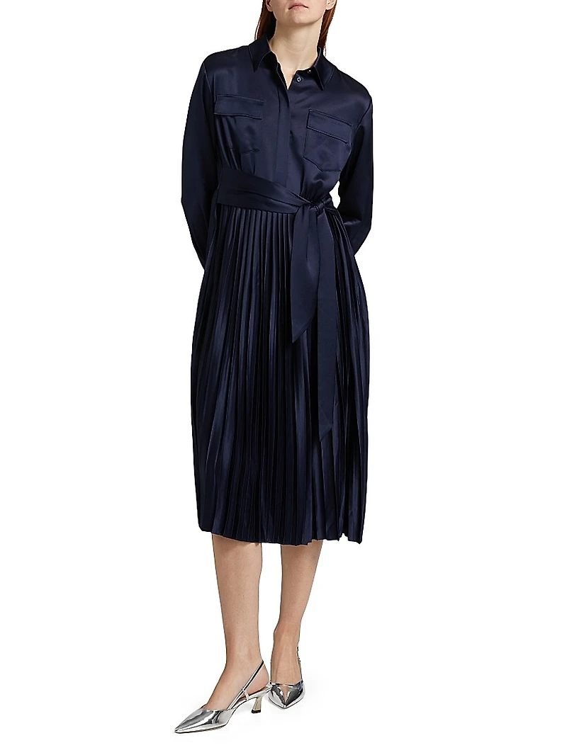 Jessie Satin Pleated Tie-Front Shirtdress