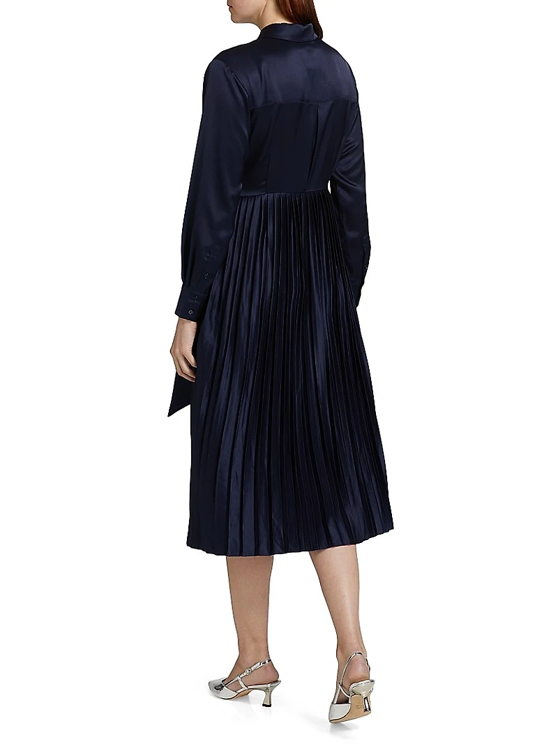 Jessie Satin Pleated Tie-Front Shirtdress