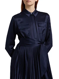 Jessie Satin Pleated Tie-Front Shirtdress