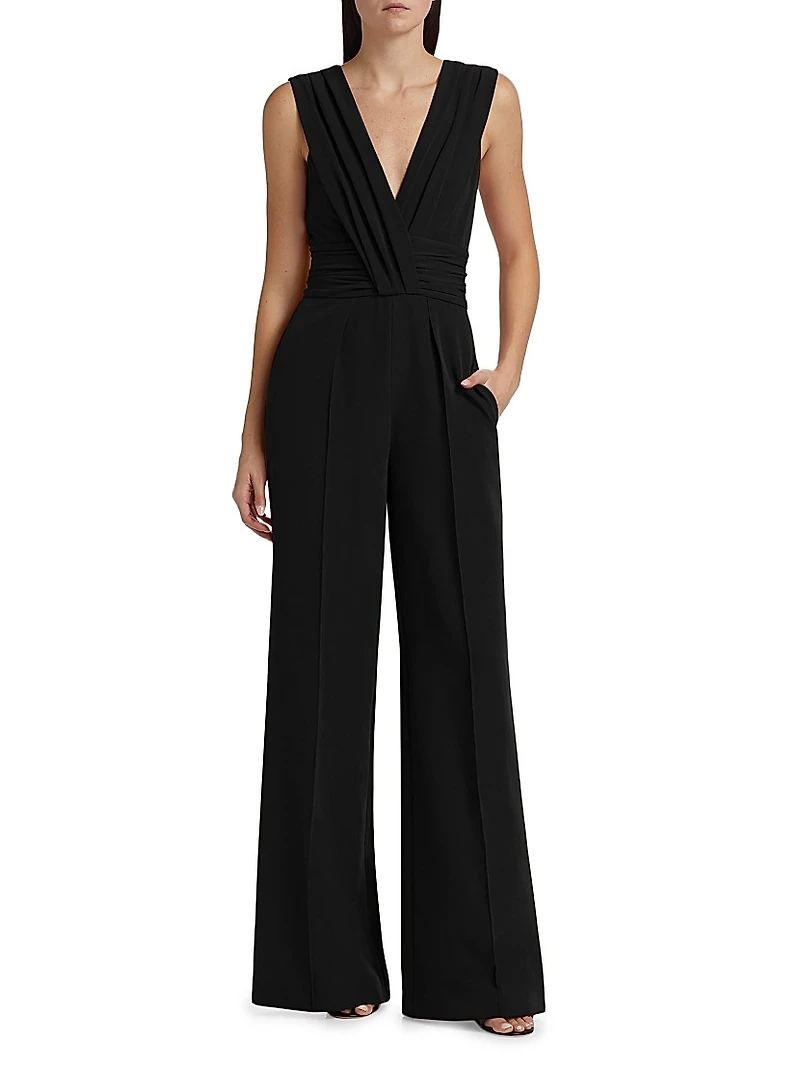 Ruched Stretch Crepe Wide-Leg Jumpsuit