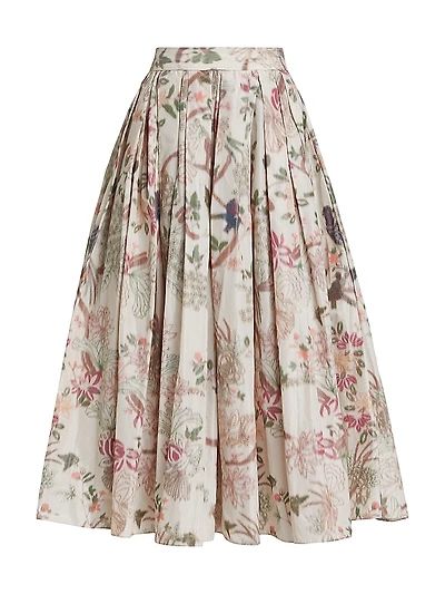 Pleated Floral Tafetta Midi Skirt