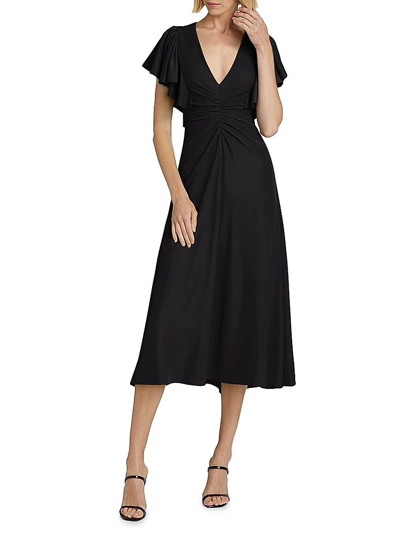 Flutter-Sleeve Ruched Midi-Dress