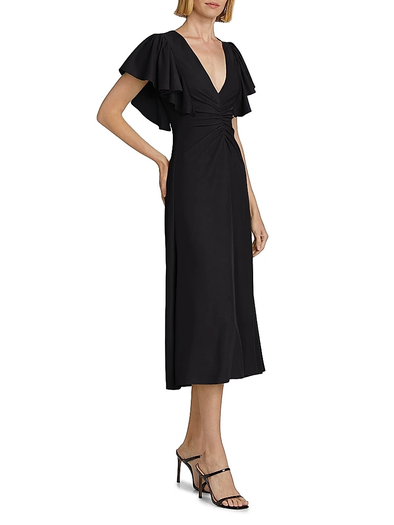 Flutter-Sleeve Ruched Midi-Dress