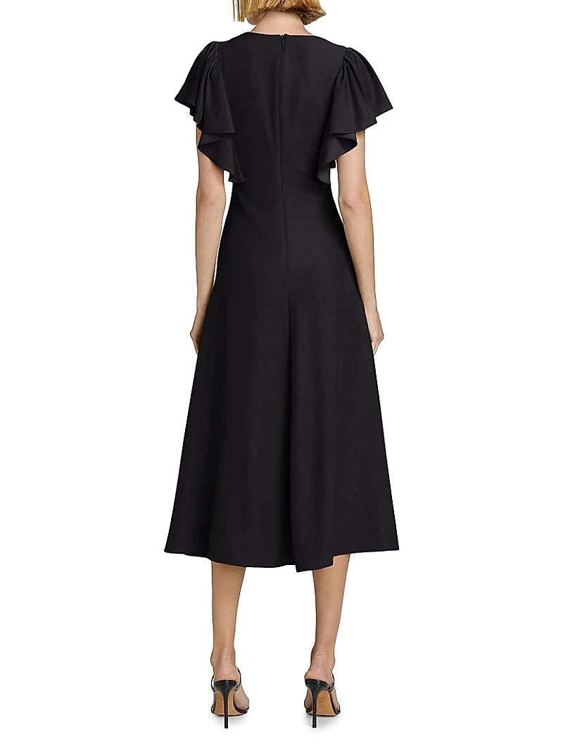 Flutter-Sleeve Ruched Midi-Dress