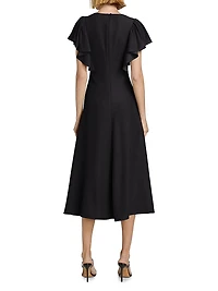 Flutter-Sleeve Ruched Midi-Dress