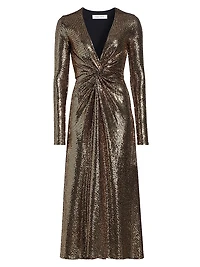 Twist-Front Embellished Jersey Midi-Dress