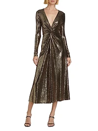 Twist-Front Embellished Jersey Midi-Dress