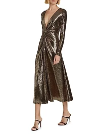 Twist-Front Embellished Jersey Midi-Dress