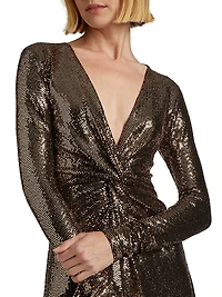 Twist-Front Embellished Jersey Midi-Dress