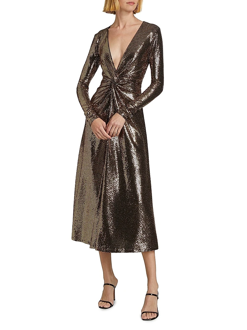 Twist-Front Embellished Jersey Midi-Dress