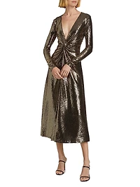 Twist-Front Embellished Jersey Midi-Dress