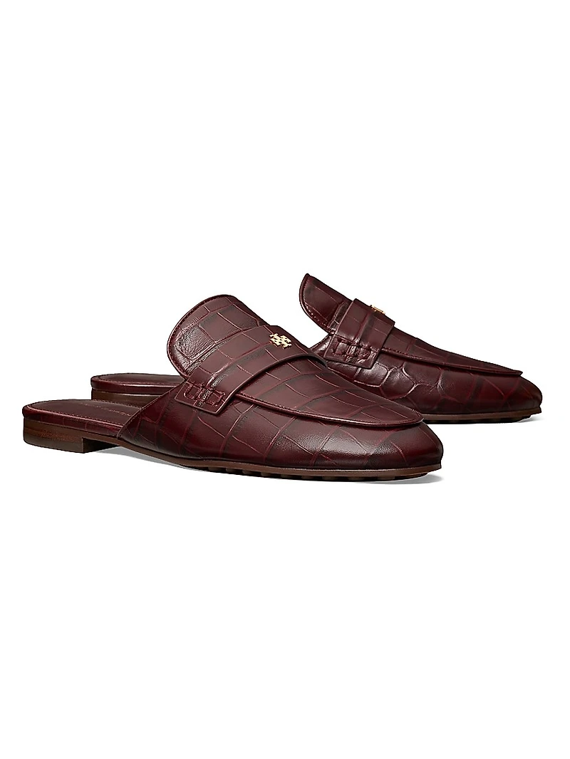 Crocodile-Embossed Leather Backless Loafers