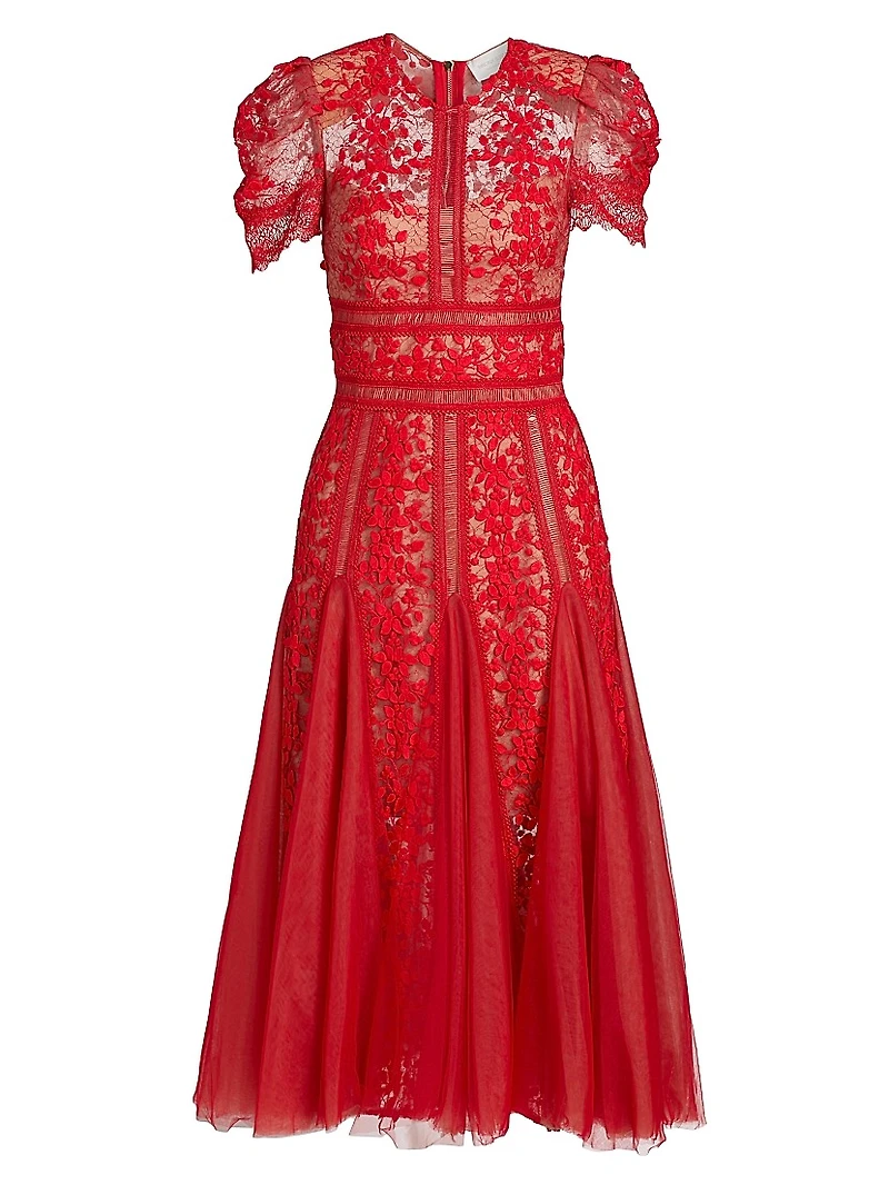 Megan Lace Short-Sleeve Midi-Dress