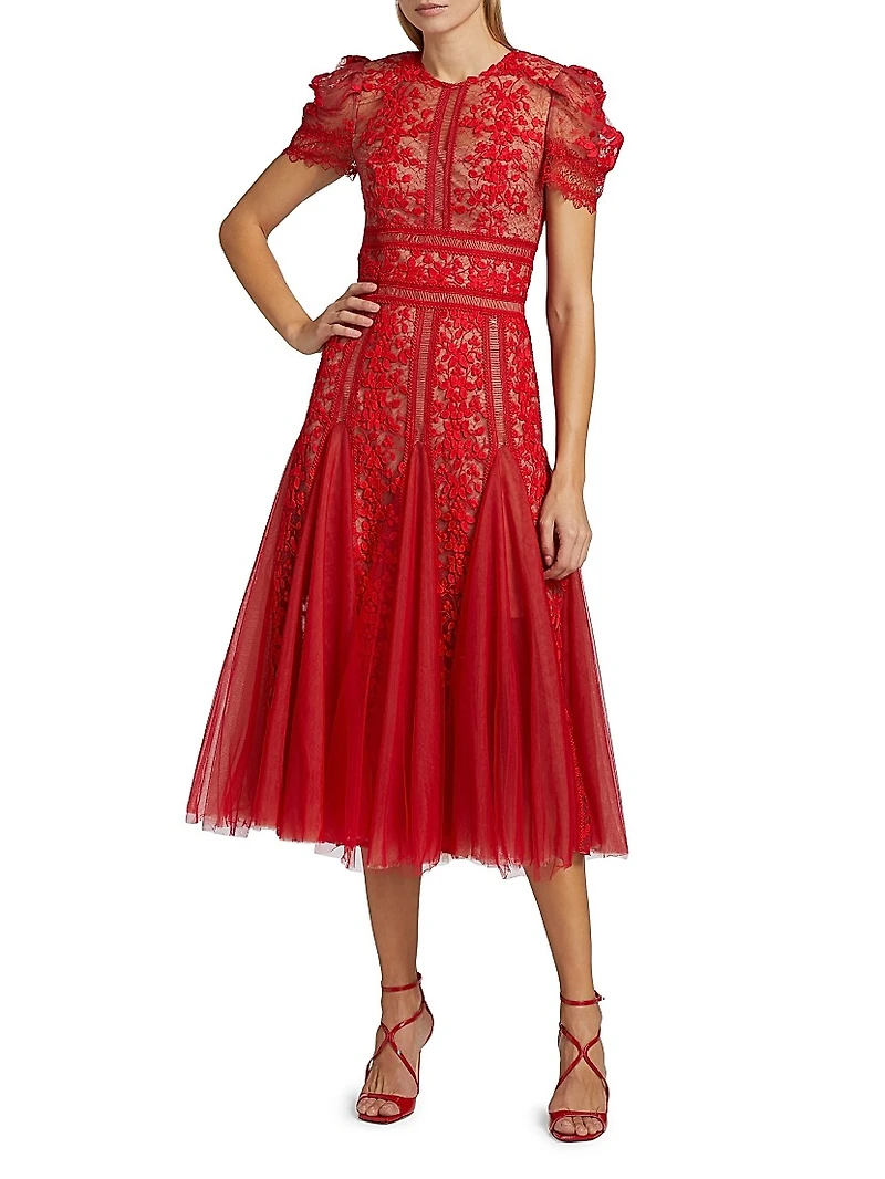 Megan Lace Short-Sleeve Midi-Dress