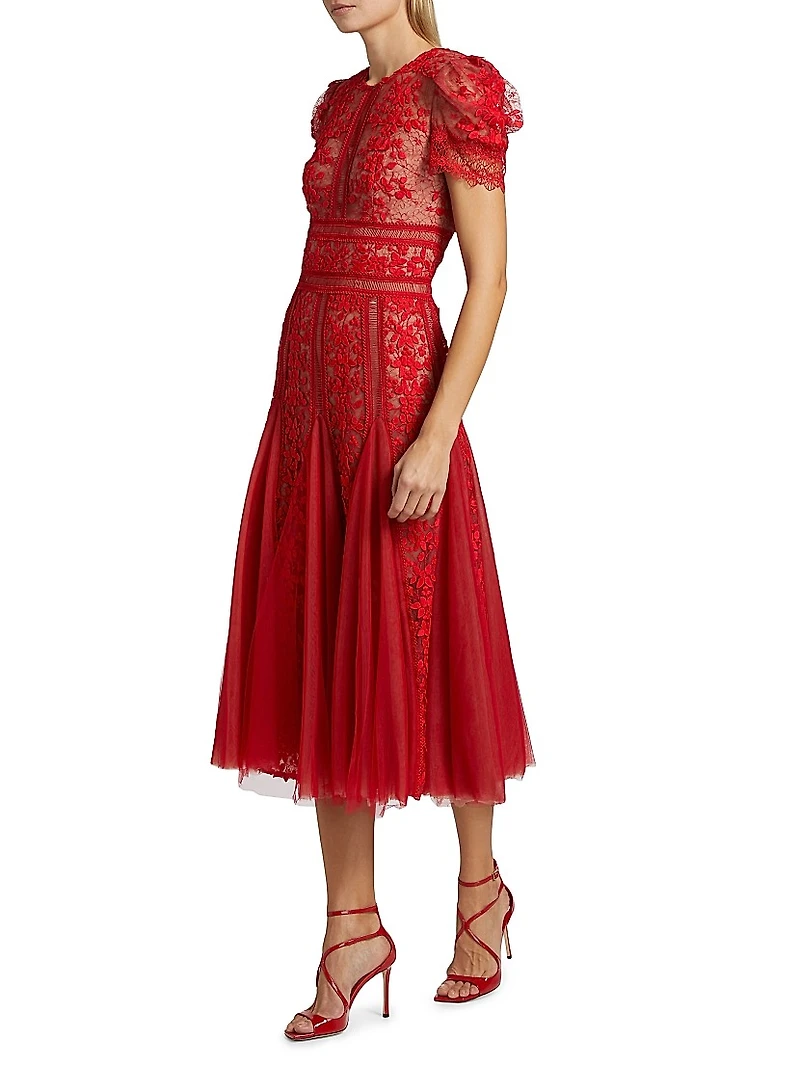 Megan Lace Short-Sleeve Midi-Dress