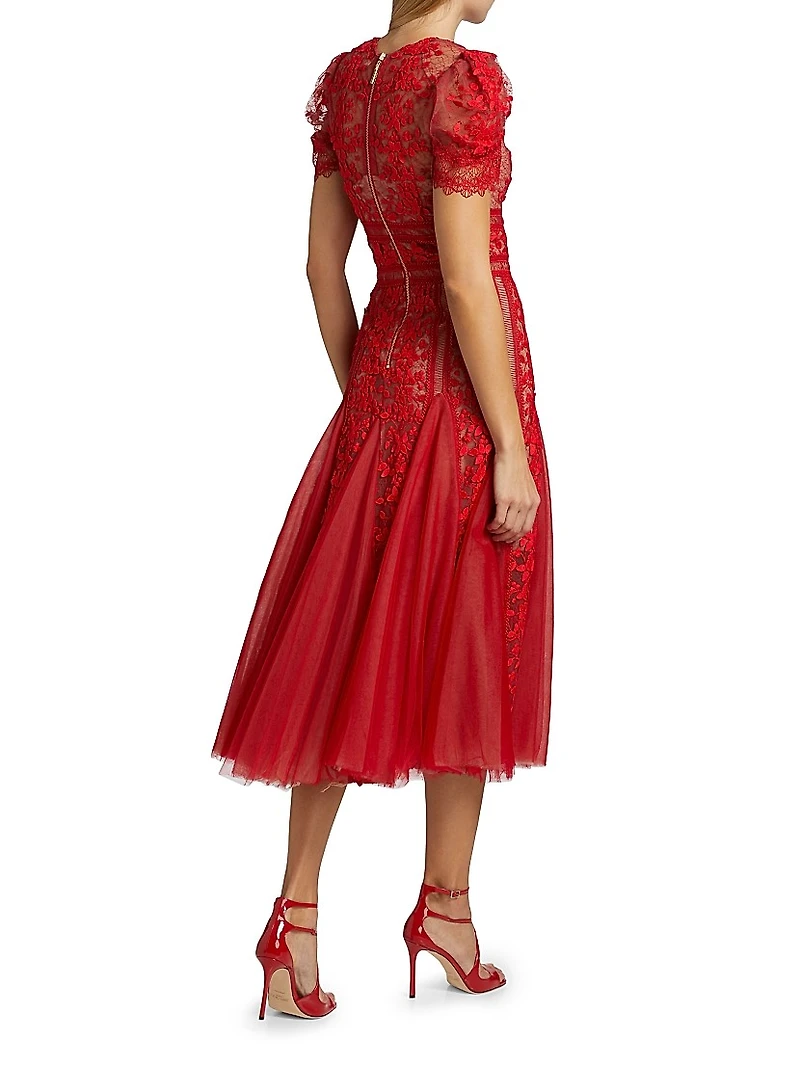 Megan Lace Short-Sleeve Midi-Dress