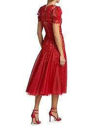 Megan Lace Short-Sleeve Midi-Dress