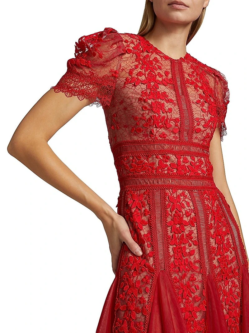 Megan Lace Short-Sleeve Midi-Dress