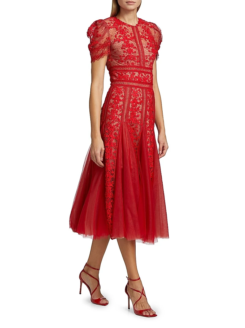 Megan Lace Short-Sleeve Midi-Dress