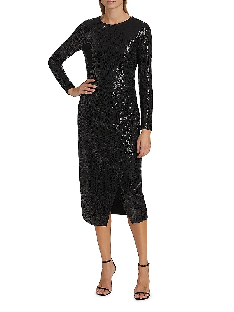 Sequined Shirred Jersey Cocktail Dress