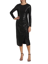Sequined Shirred Jersey Cocktail Dress