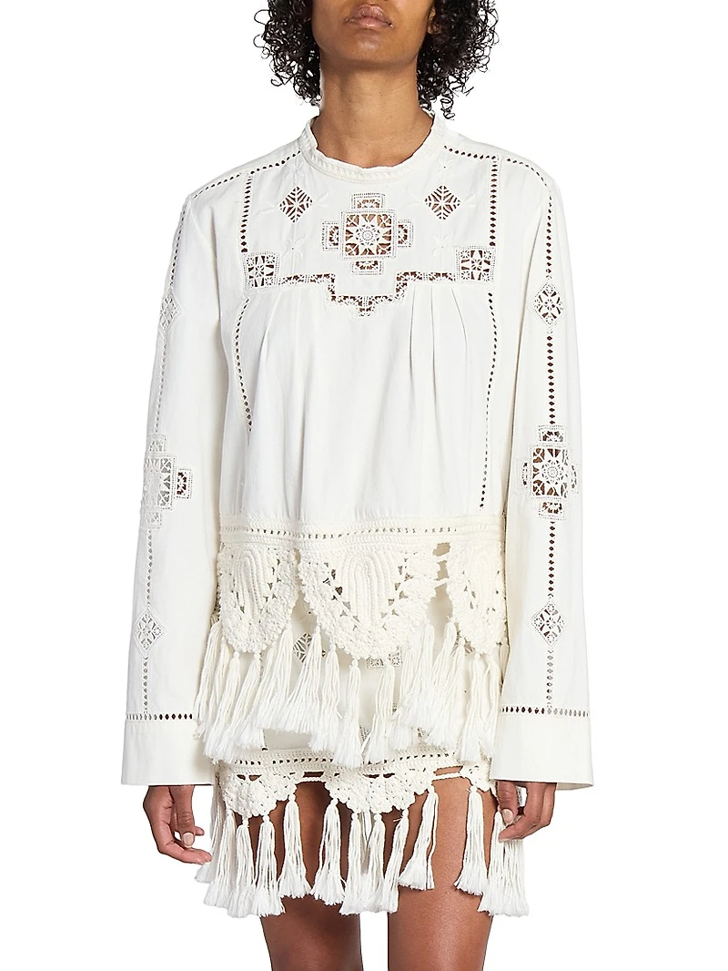 Severine Embroidered Cotton Tassel Blouse