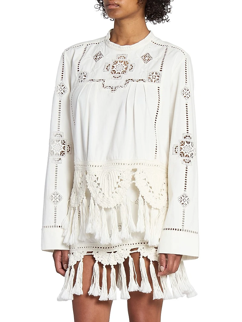 Severine Embroidered Cotton Tassel Blouse