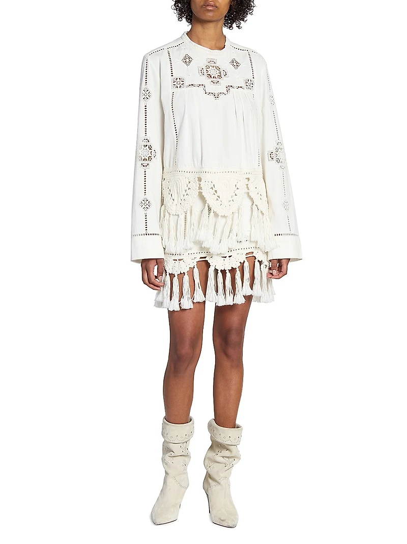 Sandra Embroidered Cotton Tassel Miniskirt