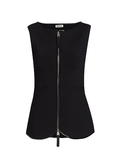 Ren Faux Leather-Trimmed Knit Zip-Front Top