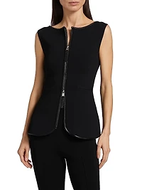 Ren Faux Leather-Trimmed Knit Zip-Front Top