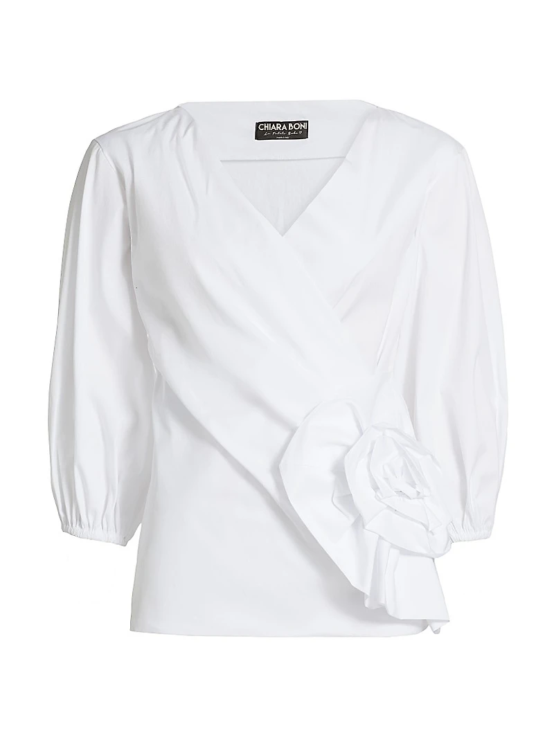 Elizee Rosette-Waist Cotton Faux-Wrap Top