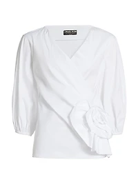 Elizee Rosette-Waist Cotton Faux-Wrap Top