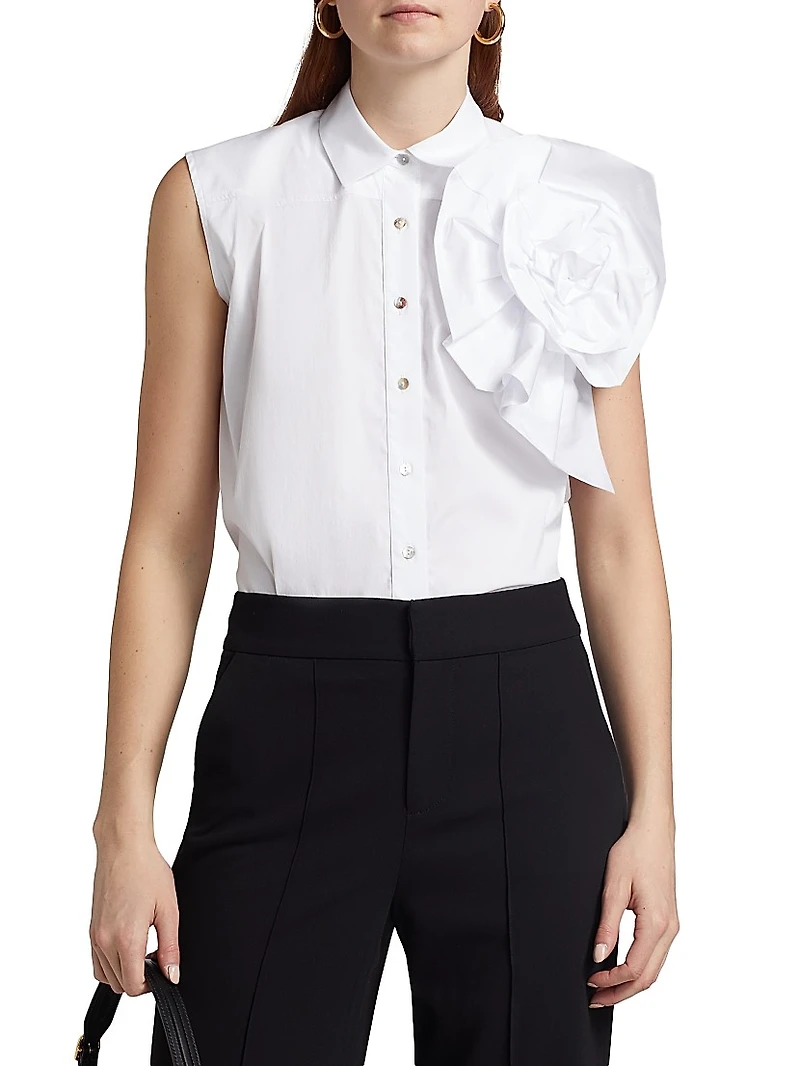 Fusina Rosette-Accent Cotton Button-Front Top