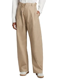 Pleated Cotton Straight-Leg Pants