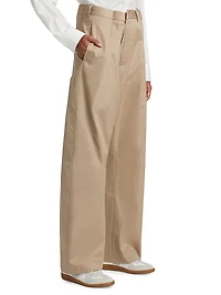 Pleated Cotton Straight-Leg Pants